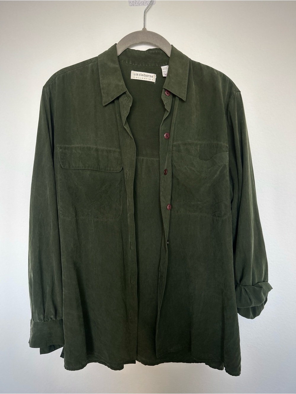 Vintage 100% Silk Olive Green Button-Up Shirt – S